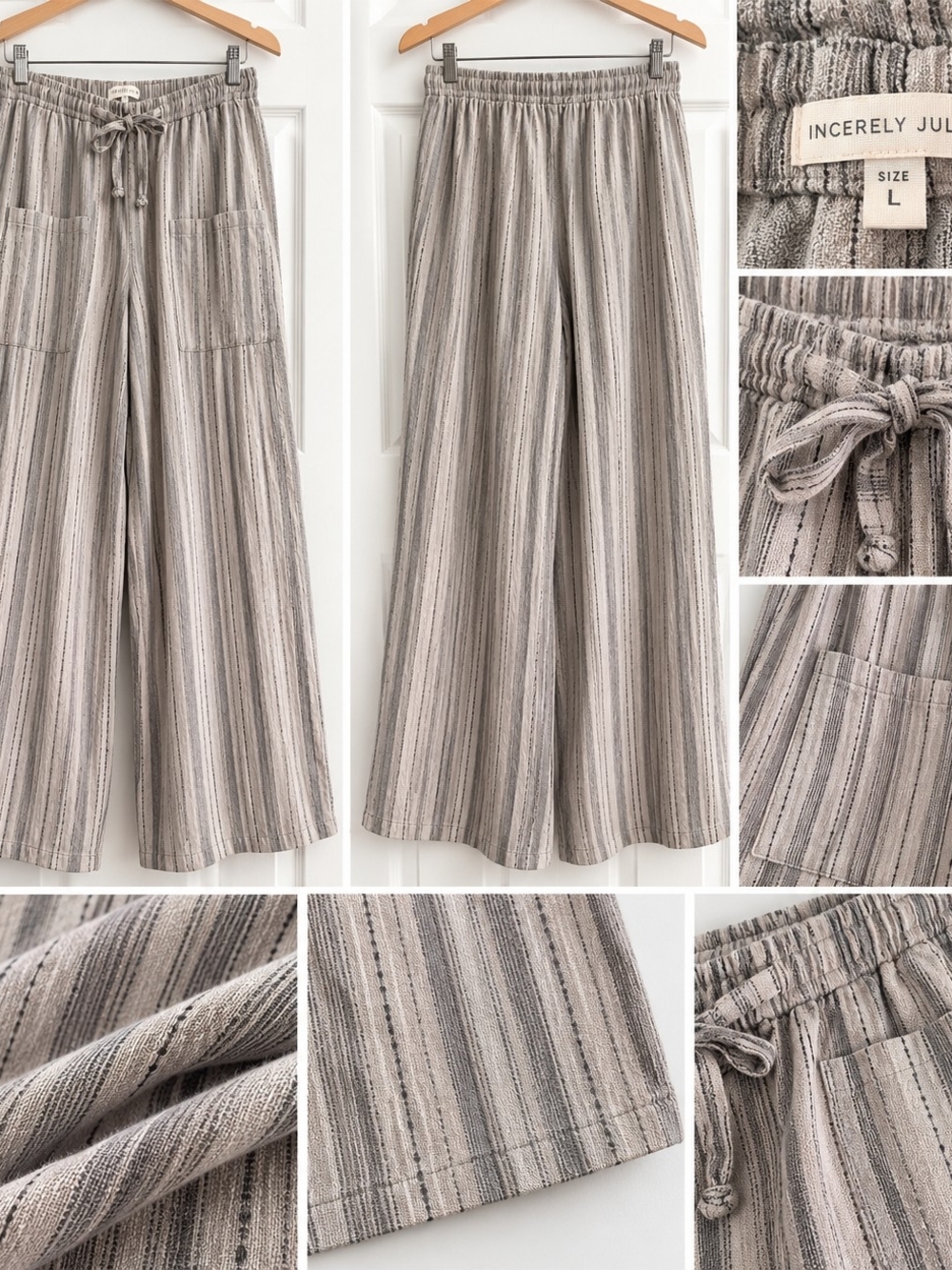Sincerely Jules Taupe & Cream Striped Wide-Leg Drawstring Pants